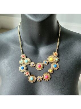 Fashion Multicolor Beaded Disc Pendant Necklace